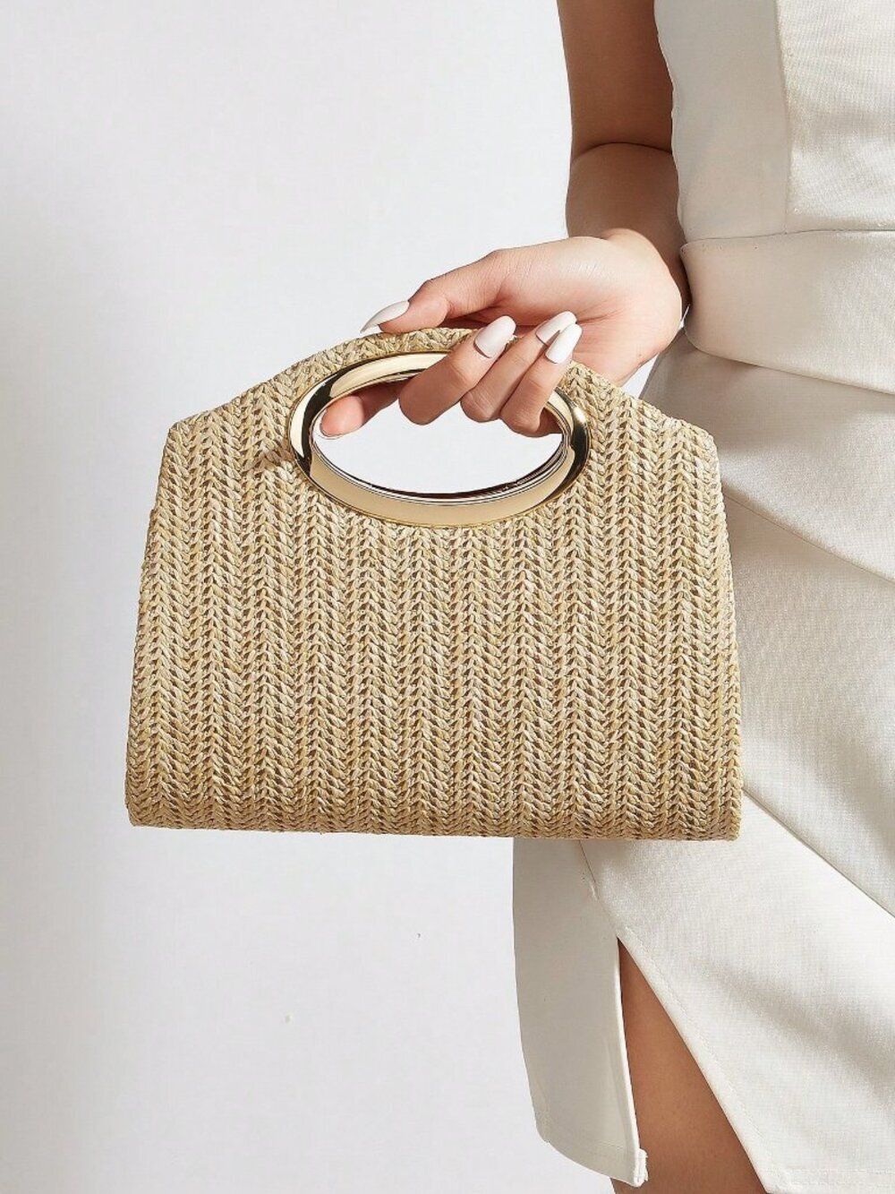 Khaki Versatile Minimalist Woven Women's handle and Shoulder Bag - Picture 3 of 9